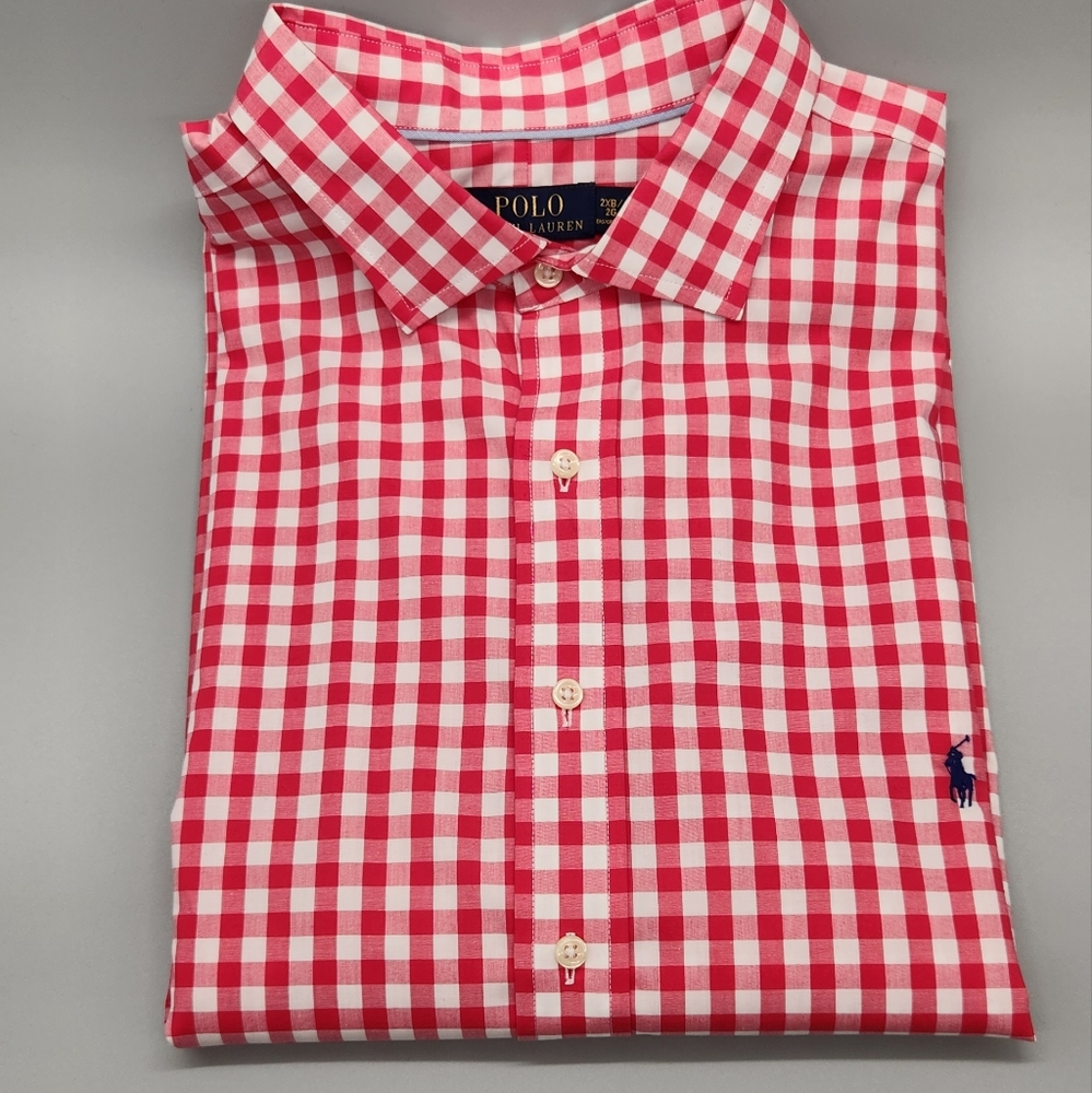 Polo Ralph lauren dress shirt, Red, white checkered, Navy blue polo horse.